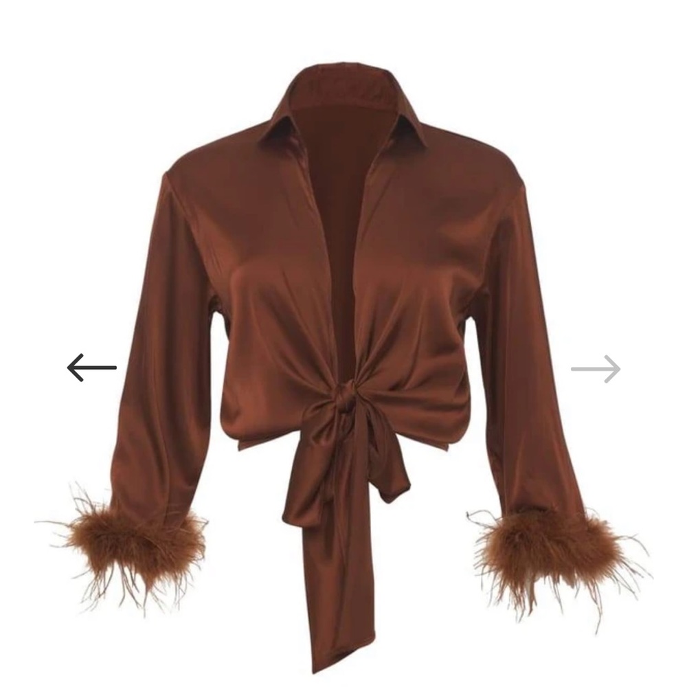 Rumored Brown Satin Long Sleeve Top with Feather Cuffs